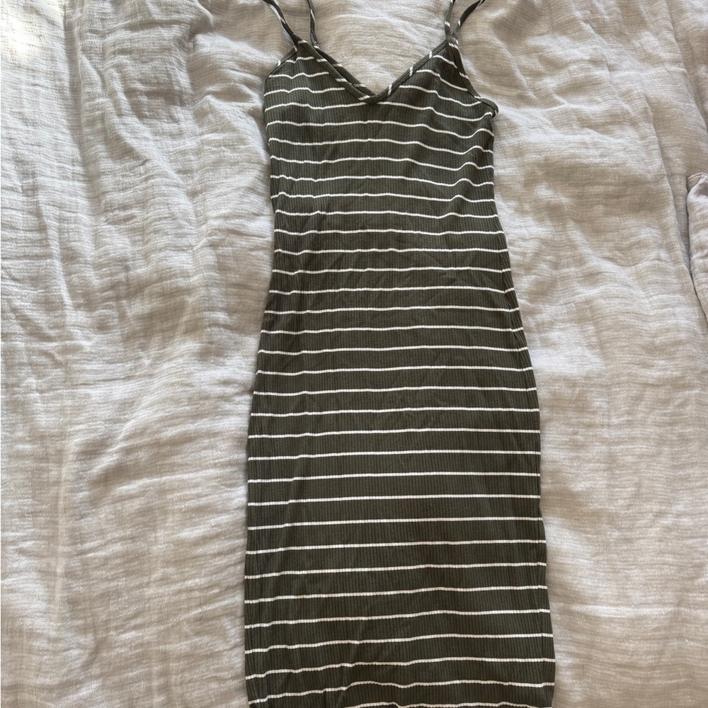 Express Olive and White Striped Midi Dress